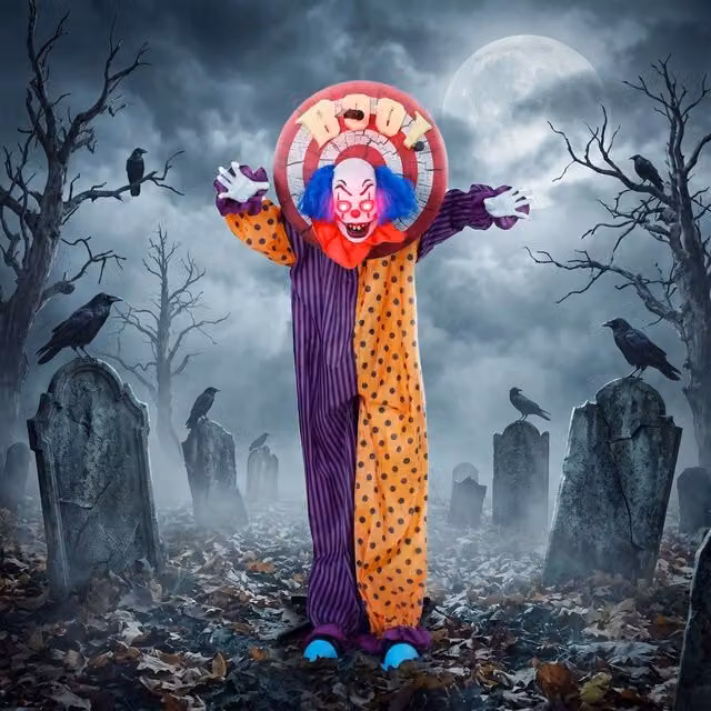 EONLION 66 inch Life Size Animated Clown Halloween Decoration, Multicolour Striped Freestanding Figure