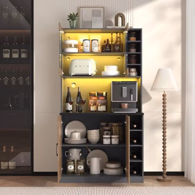 Aosom UK Tall Kitchen Cupboard with LED Lighting and Glass Doors, Natural and Grey, W: 47 cm, D: 47 cm, H: 187 cm – 1