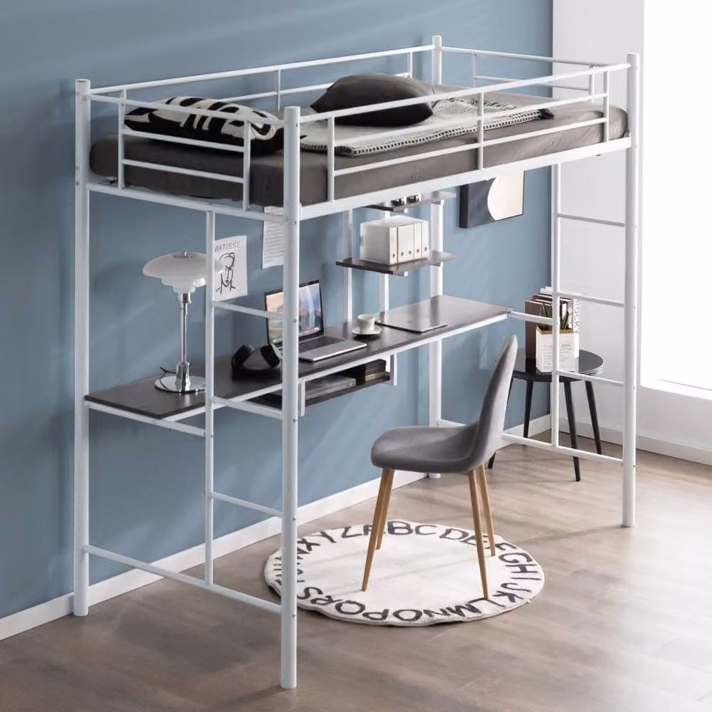 Costway Single Metal Loft Bed Frame High Sleeper with Desk and Storage Shelves, White – 2