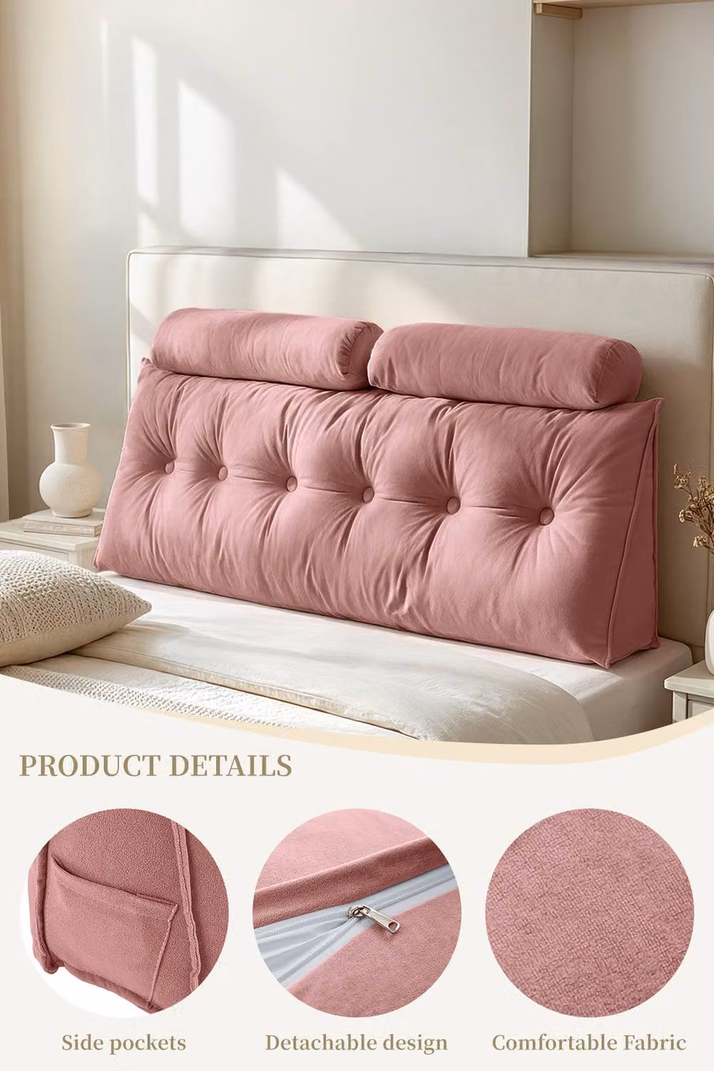 Living and Home Pink Chenille Wedge Headboard Pillow Set with Removable Cover and 2 Bolster Pillows – 2