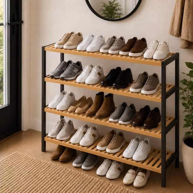 Keplin 4-Tier Bamboo Shoe Rack in Black and Beige, W/D/H: 70 x 24.5 x 67 cm