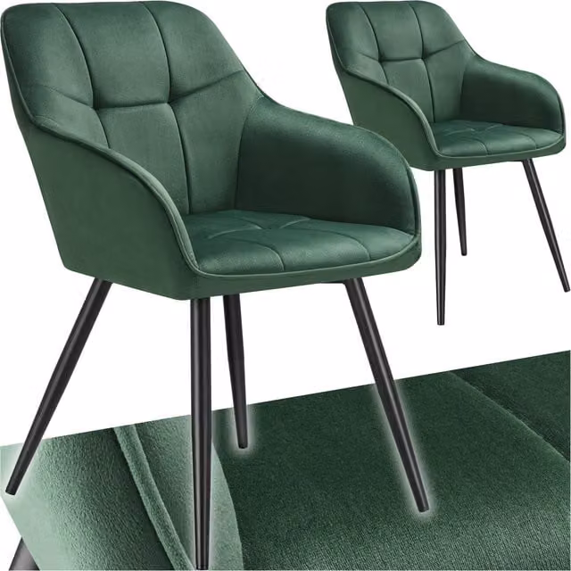 tectake Marilyn Dining Chairs Set of 2, Velvet Look with Geometric Quilted Pattern in Green and Black