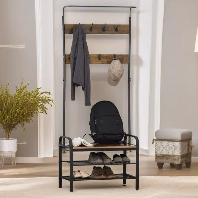 Pirlo Plush Industrial Metal Coat Rack Stand with 2 Shelves and 8 Hooks in Brown, H: 185 cm x W: 72 cm x D: 34 cm