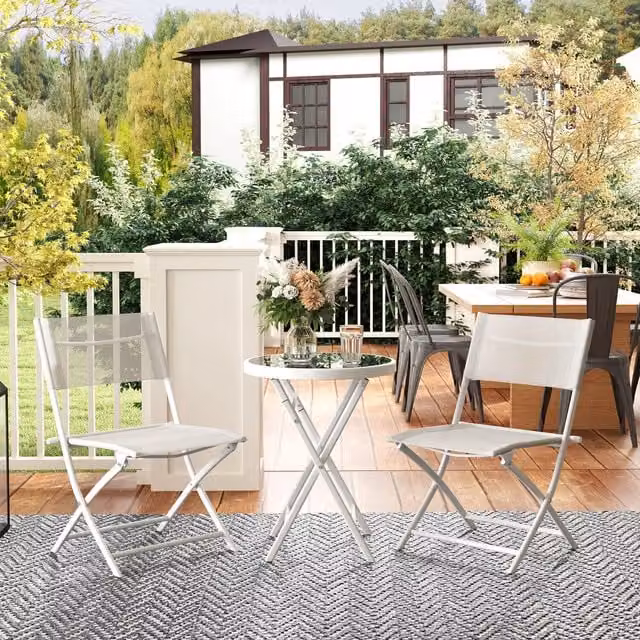 Outsunny 3 Piece Modern Folding Outdoor Bistro Set in White with Glass Top Table and Metal Chairs