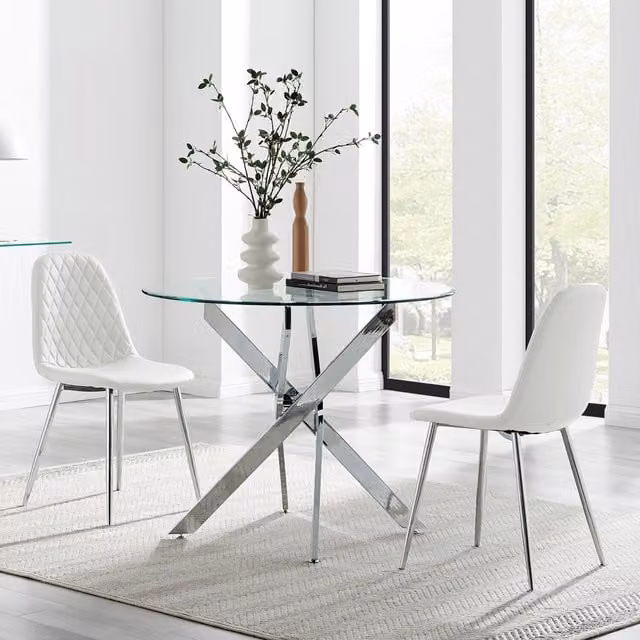 FurnitureboxUK Novara Round Glass Dining Table and 2 Corona Silver Chairs in White