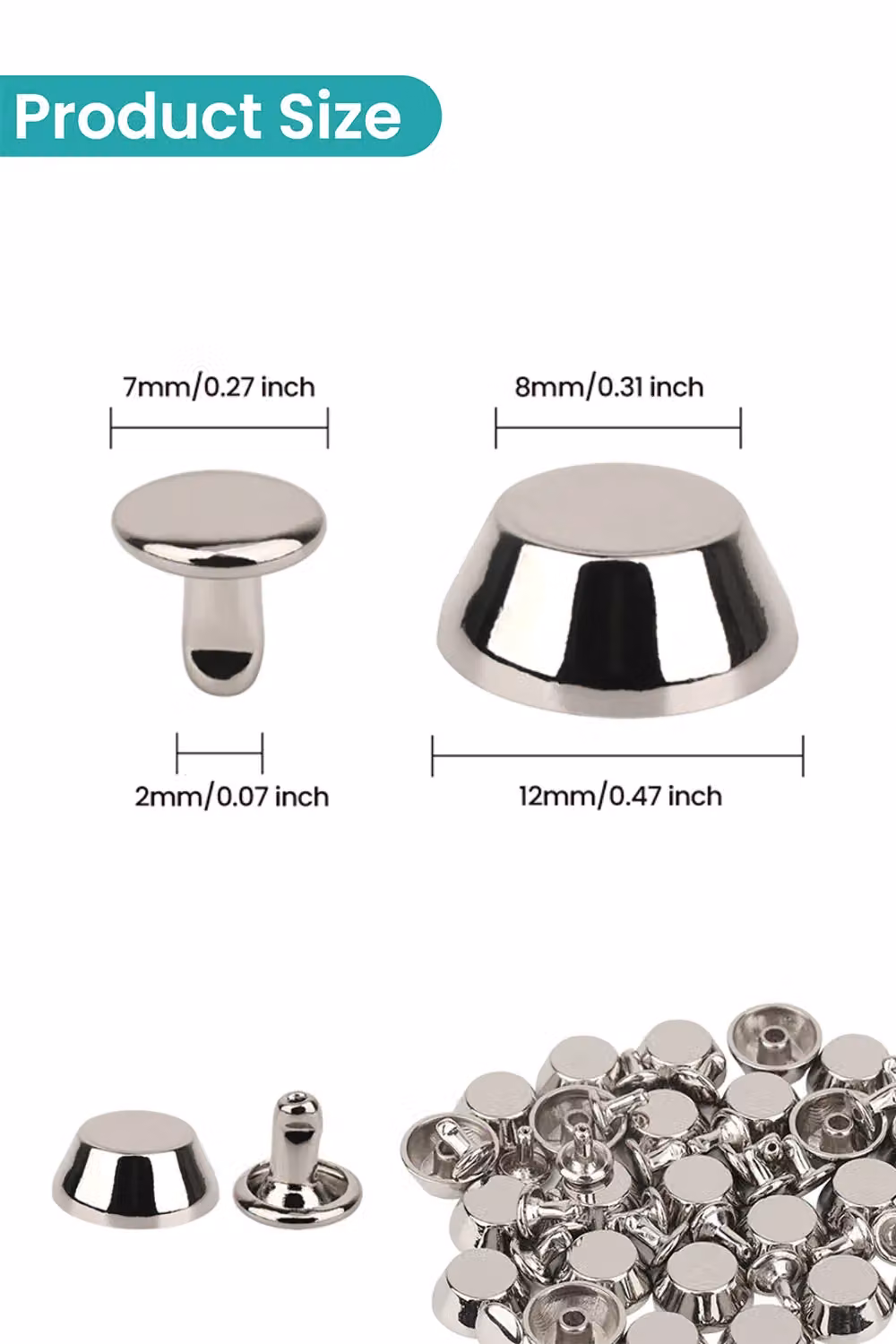 Neel Blue Silver Metal Alloy Mushroom Feet Cap with 7mm Back Rivets, 12mm, 25pcs – 2