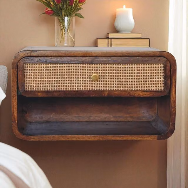 Aosom UK Solid Mango Wood Wall-Mounted Bedside Shelf with Drawer and Open Shelf, Brown, W/D/H: 45 x 32 x 25 cm – 1
