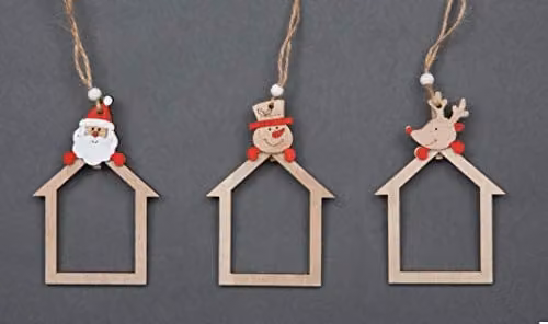 Shatchi Set of 3 Wooden Christmas Tree Hanging Ornaments in Brown and Multicolour featuring Santa, Reindeer and Snowman Figures, 10 cm – 1
