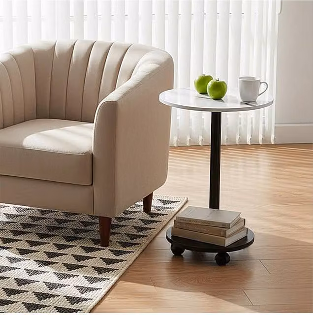 Living and Home Modern Round Side Table with Lockable Castors in White – 1