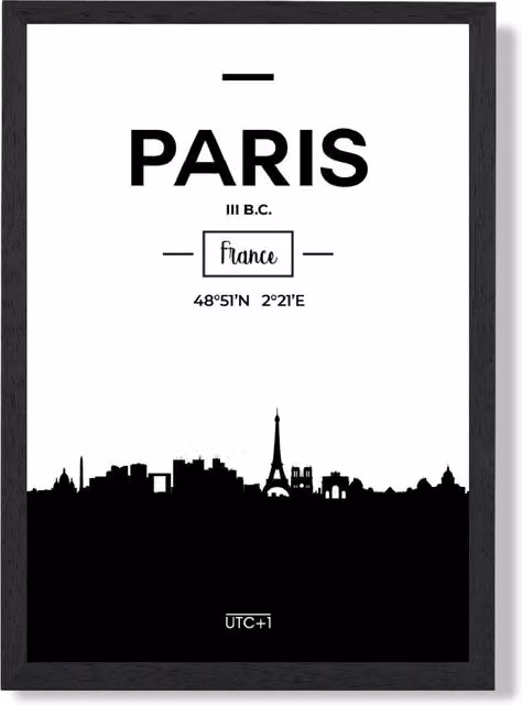 ARTZE Paris Black and White City Skyline Framed Paper Poster in Black Frame, A3