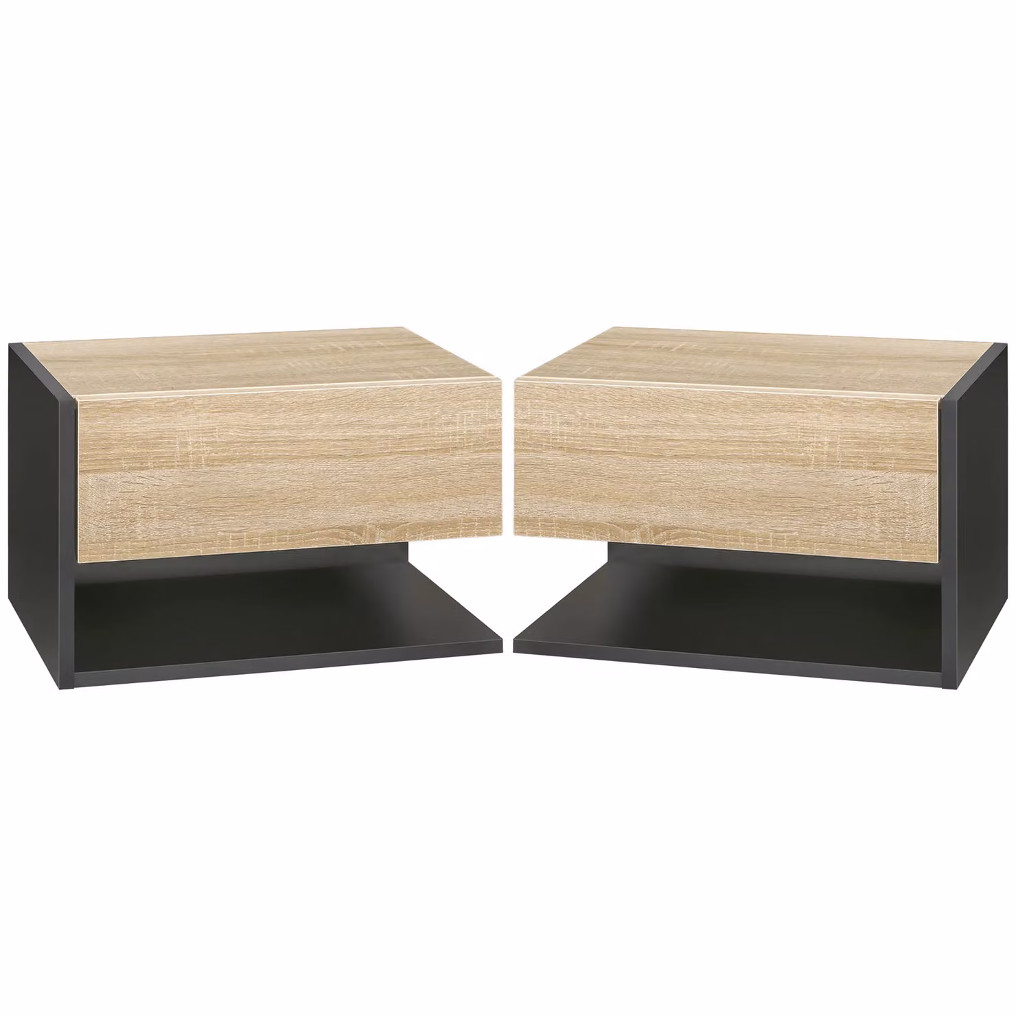 HOMCOM Set of 2 Wall-Mounted Bedside Tables with Drawer and Shelf in Light Oak – 2