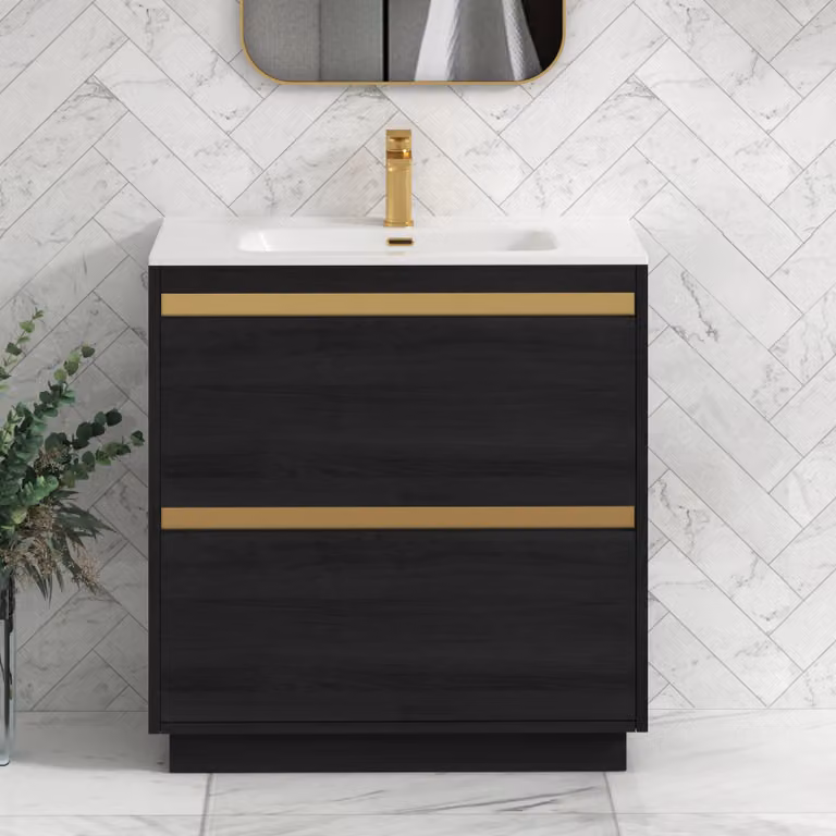 Royal Bathrooms Orion 800mm Floor Standing 2 Drawer Vanity Unit in Hale Black with Ceramic Basin and Brushed Brass Accent Trim