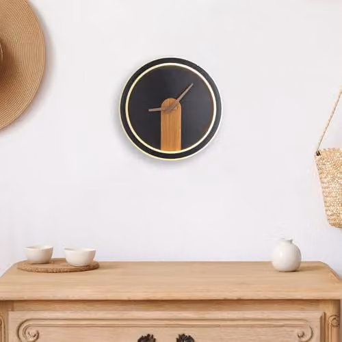 Globo Lighting Sussy LED Wall Clock Lamp in Matt Black and Wood, Warm White 3000K, D 31 cm – 5