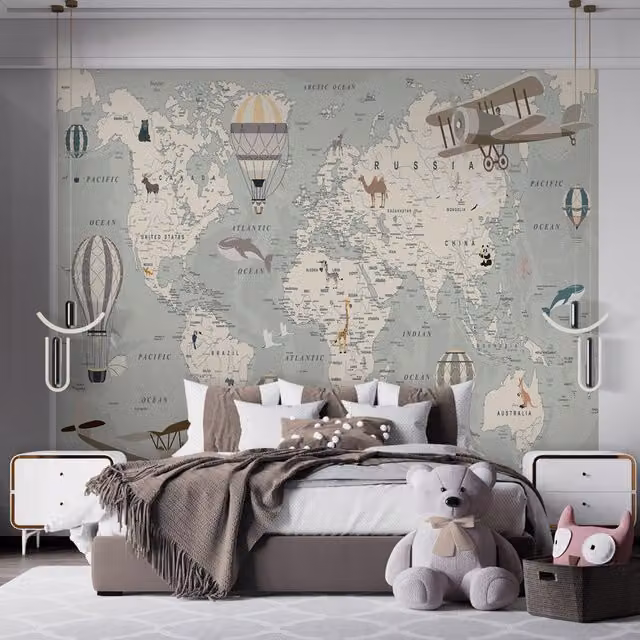 Walltastic Map of the World Wallpaper Mural in Multicolour and Petrol, W: 304.8 cm, H: 243.84 cm