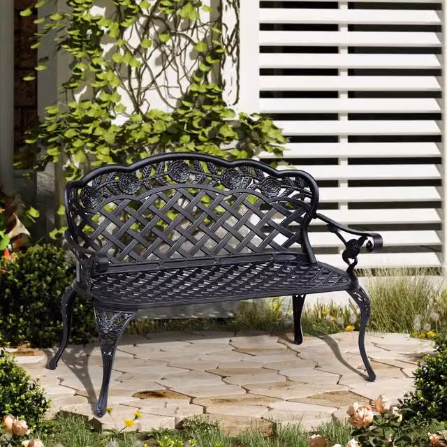 OUTSUNNY 2-Seater Cast Aluminium Garden Bench in Matt Black – 1