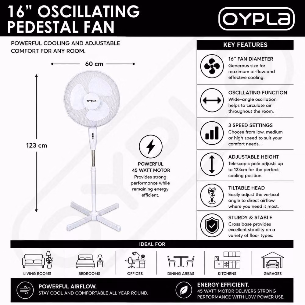 Oypla 16 inch Electric Oscillating Pedestal Fan in White – 2