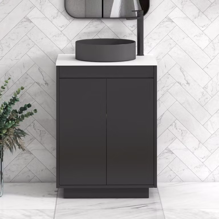 Royal Bathrooms Orion 600mm Matt Obsidian Black Floor Standing 2 Door Vanity Unit with White Countertop and Art Round Basin