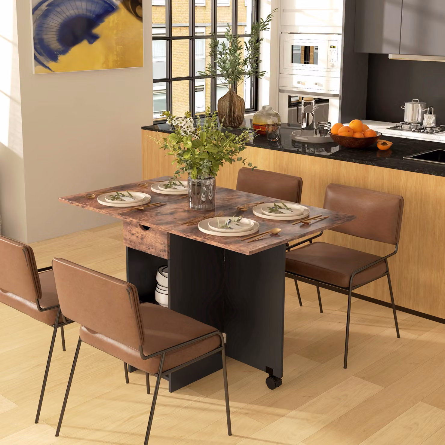 HOMCOM Folding Butterfly Leaf Dining Table with Storage Shelves and Drawer in Rustic Brown – 7