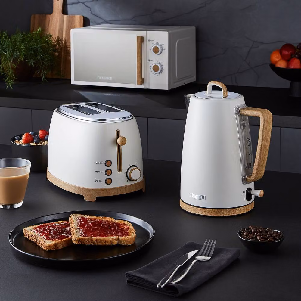 Geepas NordiQ Kitchen Appliance Set with 20L Microwave, 2 Slice Toaster, Kettle and Jug Blender in Beige – 2