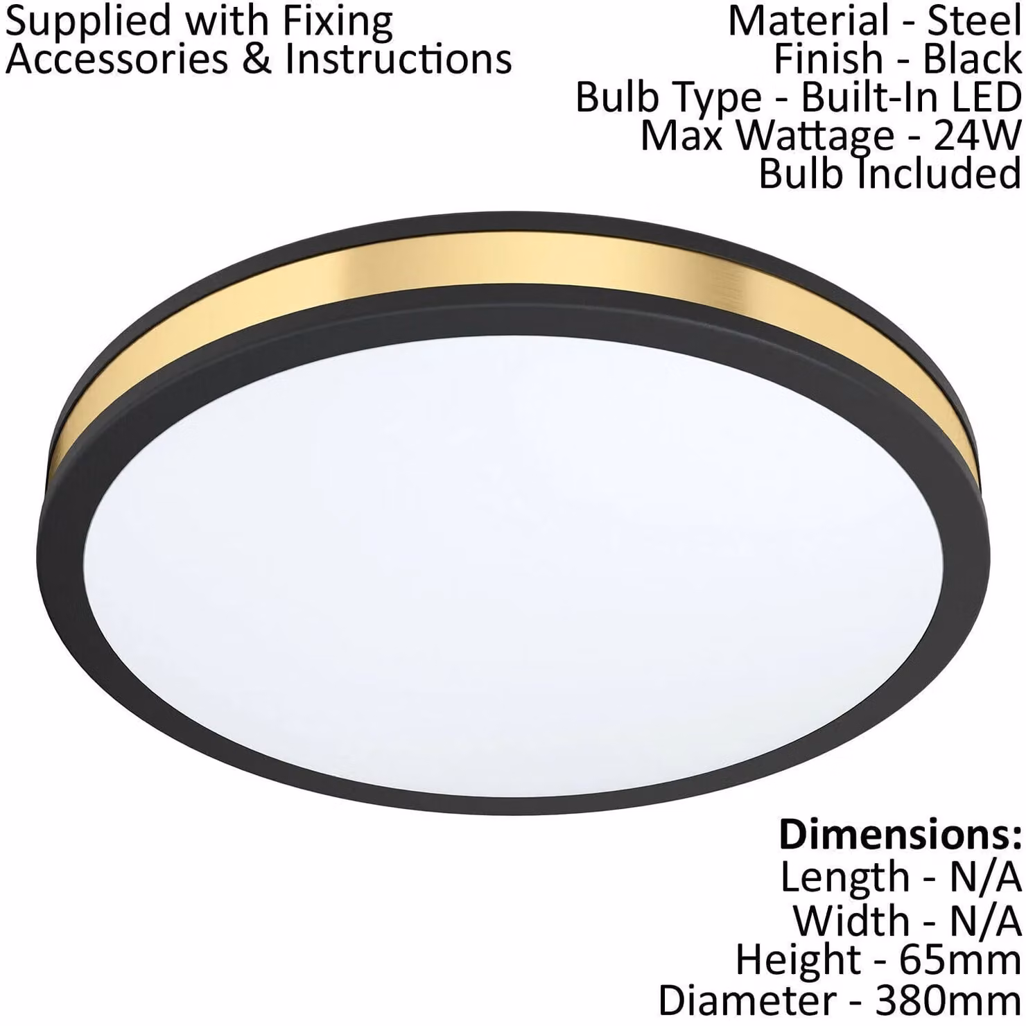 Loops Modern LED Ceiling Light in Black and Gold/Brass with White Shade, 24W – 2