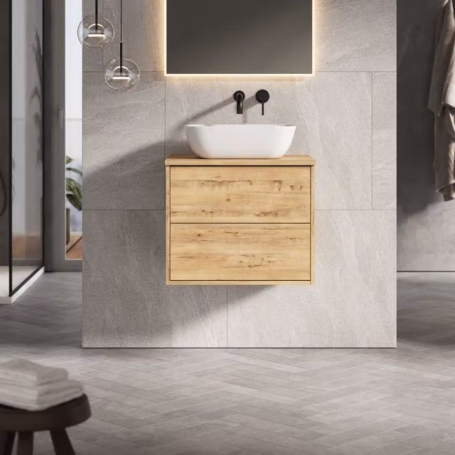 Banyetti Venti 600mm Wall Hung Vanity Unit with Matching Worktop in Ostippo Light Oak – 1