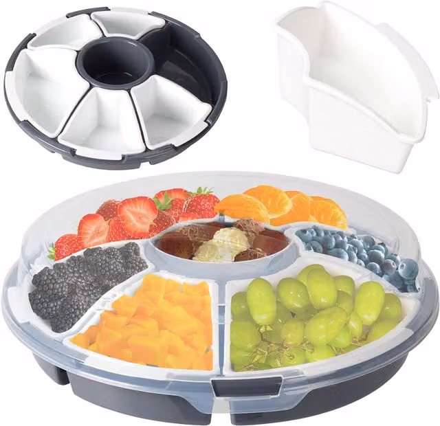 Geezy Round Plastic Snack Tray with Lid and 7 Compartments for Dry Fruit and Nuts, Grey