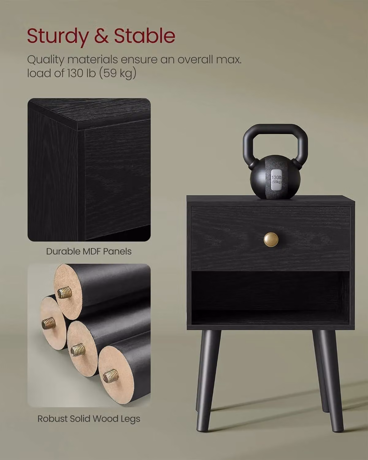 VASAGLE Set of 2 Black Bedside Tables with Storage Drawer and Solid Wood Legs – 3
