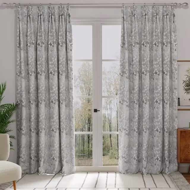 ANTE DECOR Lunaria Made to Measure Grey Blackout Floral Cotton Curtain Panel
