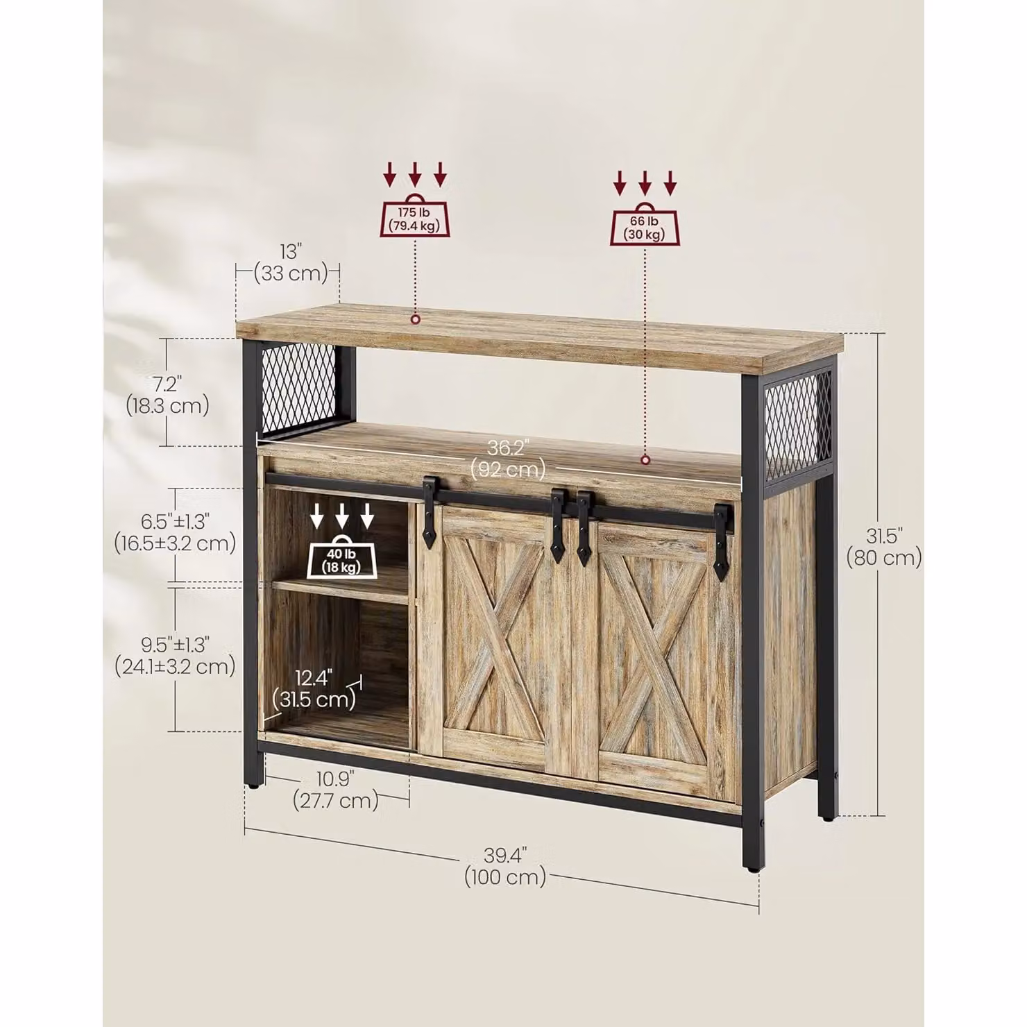VASAGLE Industrial Sideboard Kitchen Cabinet with 2 Sliding Barn Doors and Adjustable Shelves in Light Tan – 3
