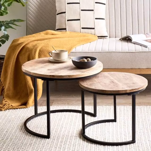 Wyld Haus Nest of Two Round-Top Tables in Light Mango Wood with Black Iron Frame – 1