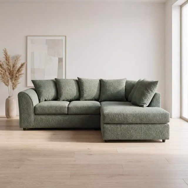 Abakus Direct Harriet Green Boucle Fabric Right Facing Corner Sofa with Chaise and Scatter Cushions – 1