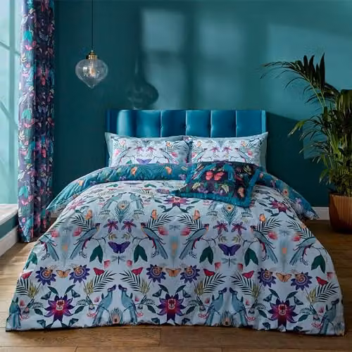Catherine Lansfield Mya Tropical Floral Reversible King Duvet Cover and Pillowcase Set in Duck Egg Blue