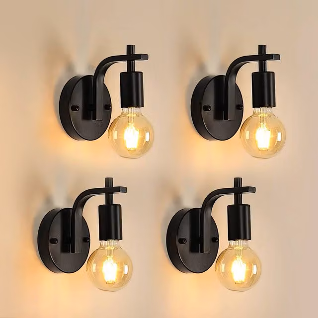 Pheashine 4-Pack Black Industrial Metal Wall Lamps with E27 Bulbs