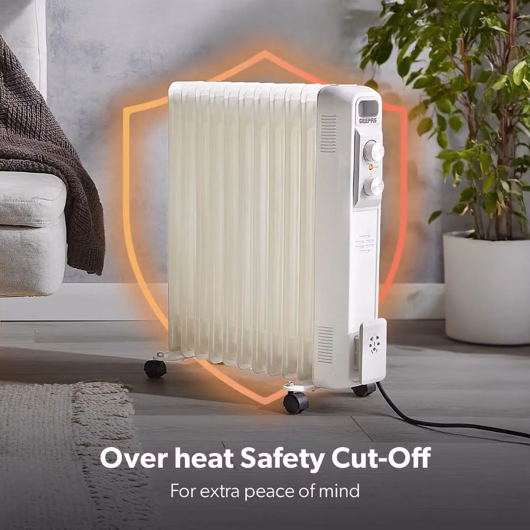 Geepas 11 Fin Oil Filled Radiator Heater with Adjustable Thermostat, Overheat and Tilt Protection, White, H 66 x W 35 x D 17 cm – 3