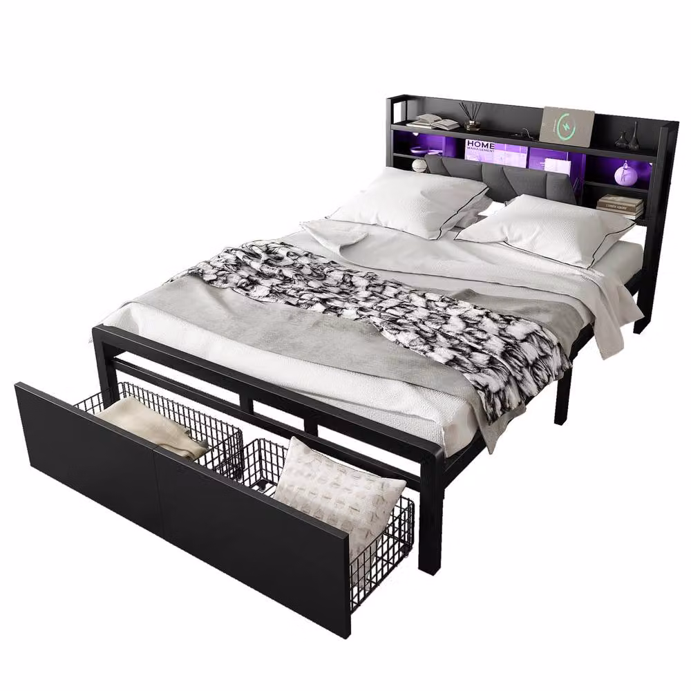 ModernLuxe Black Metal Double Bed with LED Under-Bed Lighting, USB Charging Ports, Drawers and Storage Headboard, W/D/H: 140 x 190 x 137.5 cm – 5