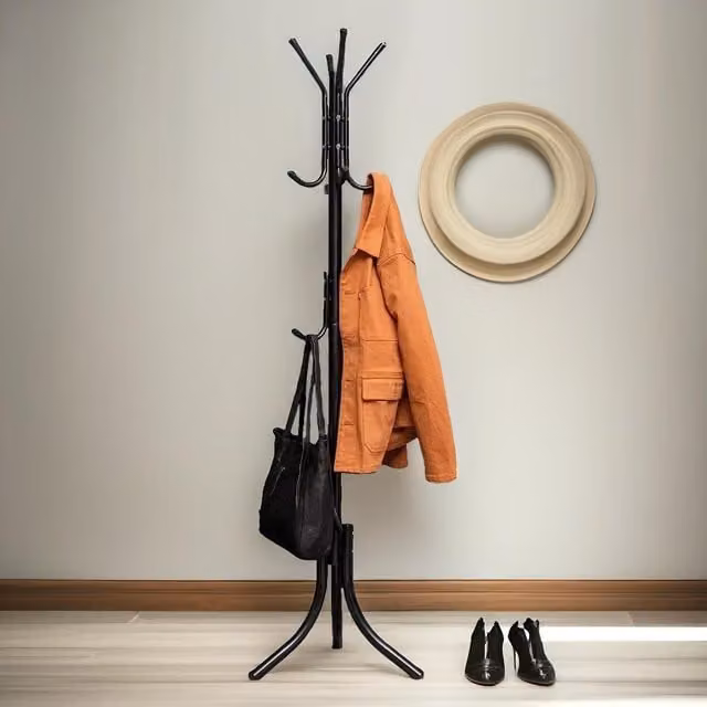 Pirlo Plush Modern Metal Coat Stand with 12 Hooks in Matt Black