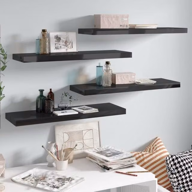 Berkfield Home Set of 4 Floating Wall Shelves in High Gloss Black, W: 80 cm, D: 23.5 cm, H: 4 cm