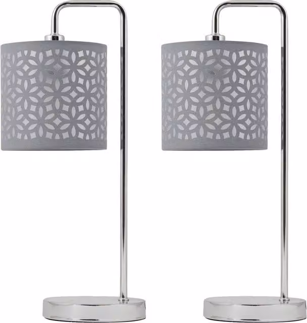 First Choice Lighting Set of 2 Chrome Arched Table Lamps with Grey Cut Out Fabric Shades in Silver, Height: 46 cm
