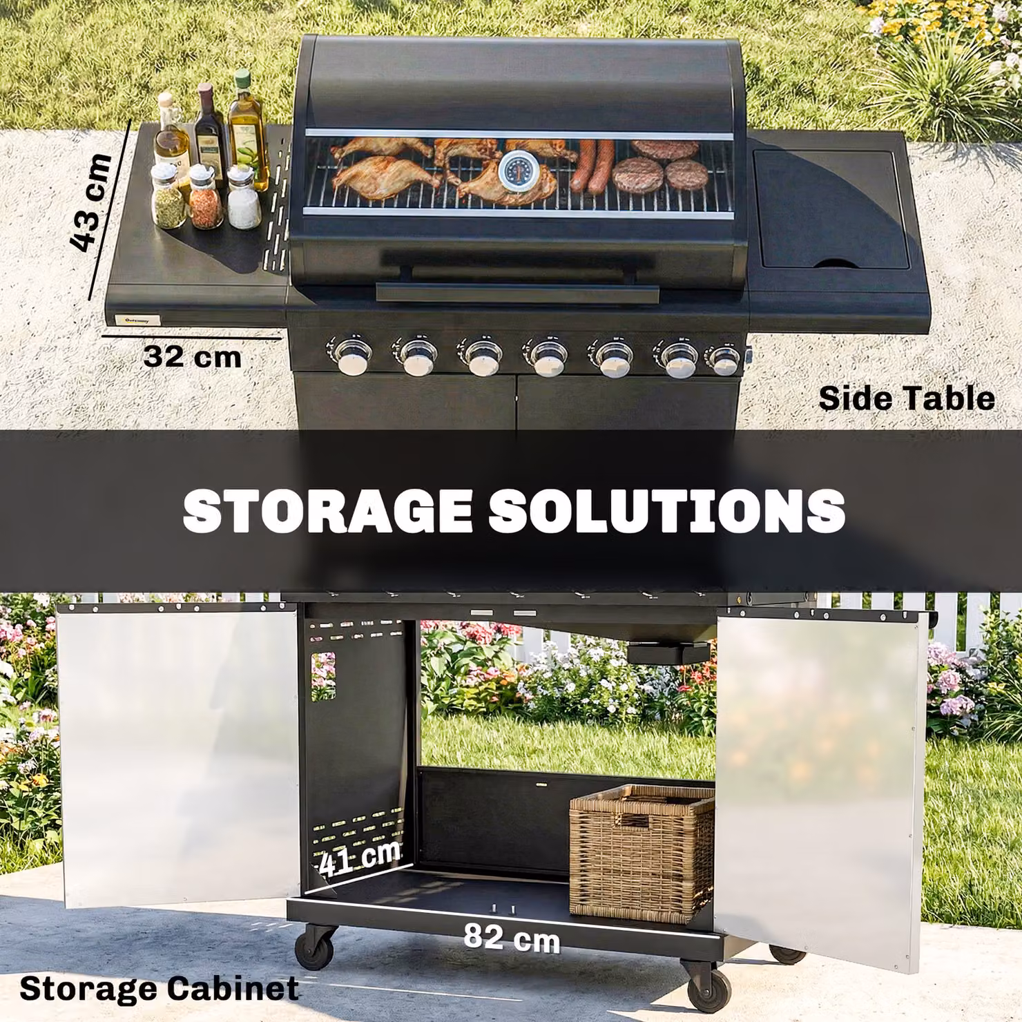 Outsunny 6+1 Burner Gas BBQ Grill Trolley with Side Burner, Warming Rack and Thermometer, Black – 7