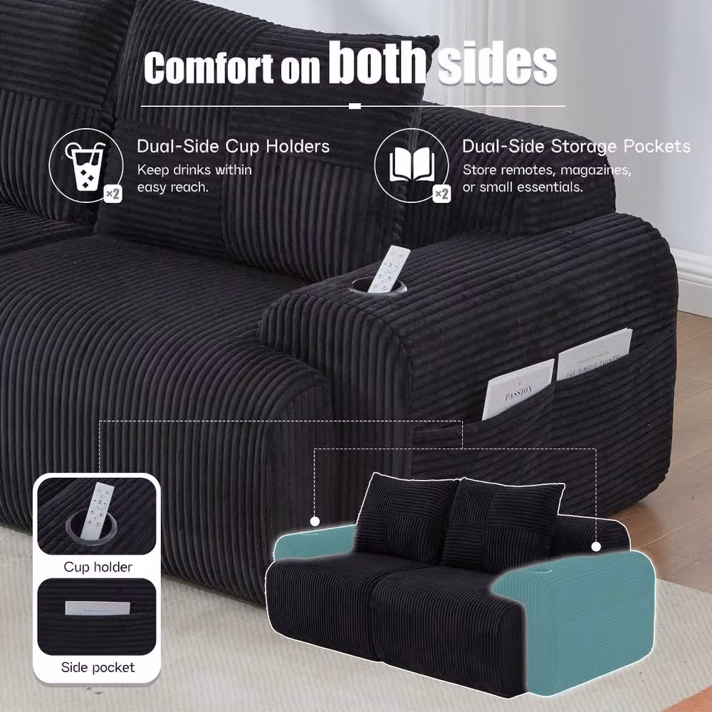 Rolipo Modular 2-Seater Reclining Sofa in Black Corduroy with Cup Holders – 6