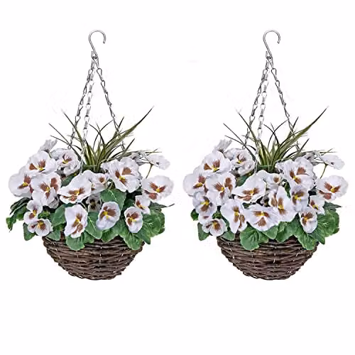 GreenBrokers Set of 2 Round Hanging Baskets with Mixed White, Purple and Blue Floral Decorations and Rattan Effect Plastic Finish – 1