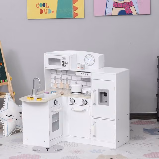 HOMCOM White Kids Kitchen Play Cooking Toy Set