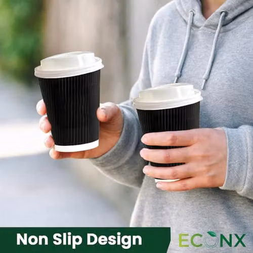 ECONX 50 x 8oz Black Ripple Triple Wall Disposable Paper Coffee Cups with White Sip Through Lids – 4