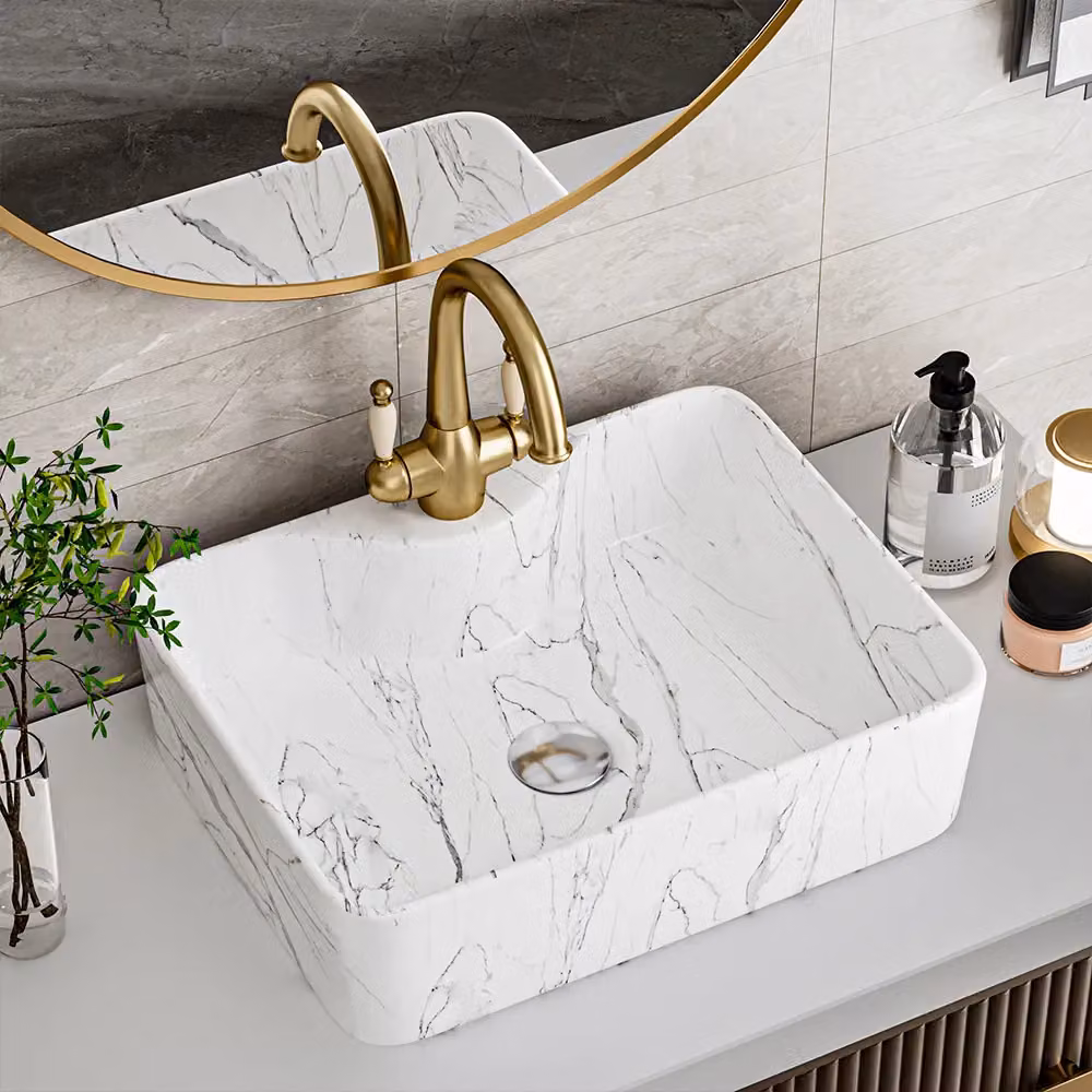 Living and Home Rectangular Ceramic Countertop Vessel Sink in White – 2