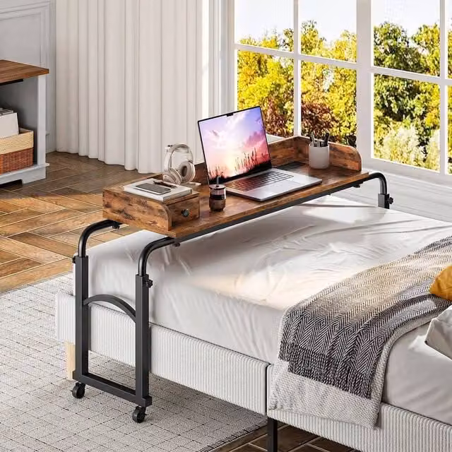 FORGEVIO Height Adjustable Overbed Table with Charging Station in Brown – 1