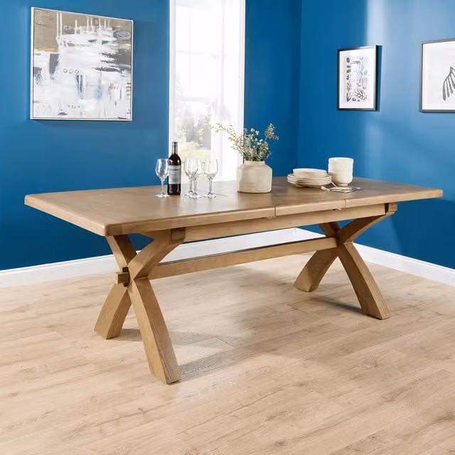 Home Source Bentley Extendable Oak and Oak Veneer Dining Table with X-Frame Base in Brown
