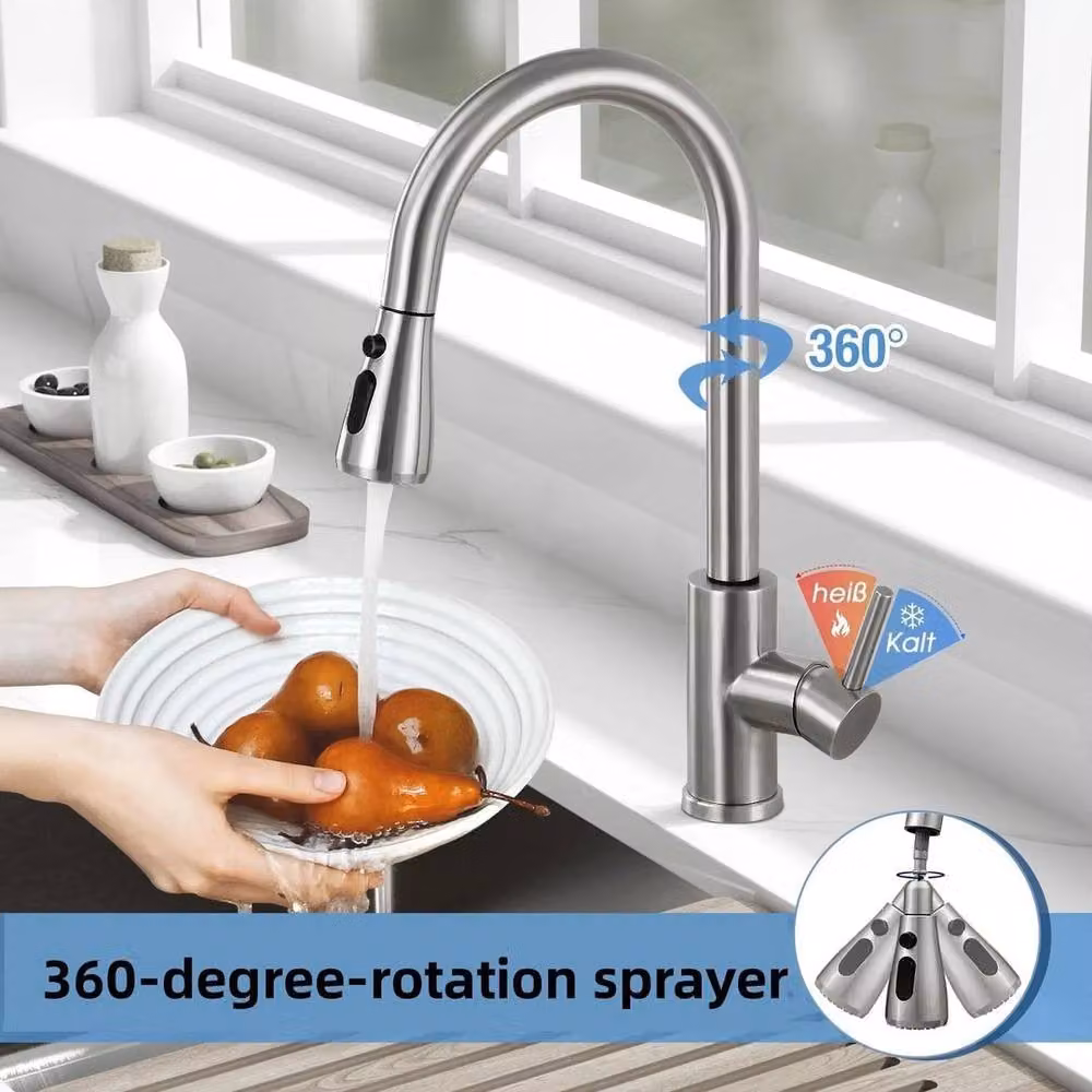 PAWNORA 360 Kitchen Sink Tap in Silver with Pull Out Spray Mixer and Single Lever Control – 3