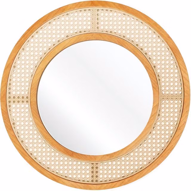 Costway Brown Rattan Round Hanging Wall Mirror, Diameter: 65 cm