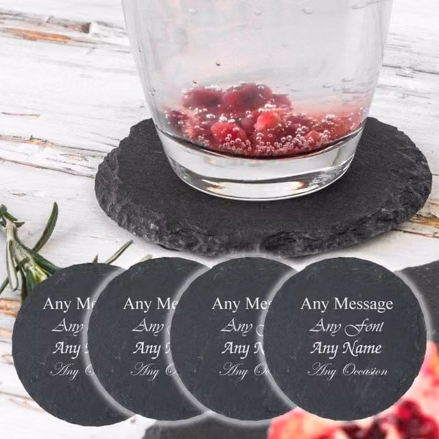 Uniqueful Personalised Round Natural Slate Drinks Coaster Set of 4 in Black