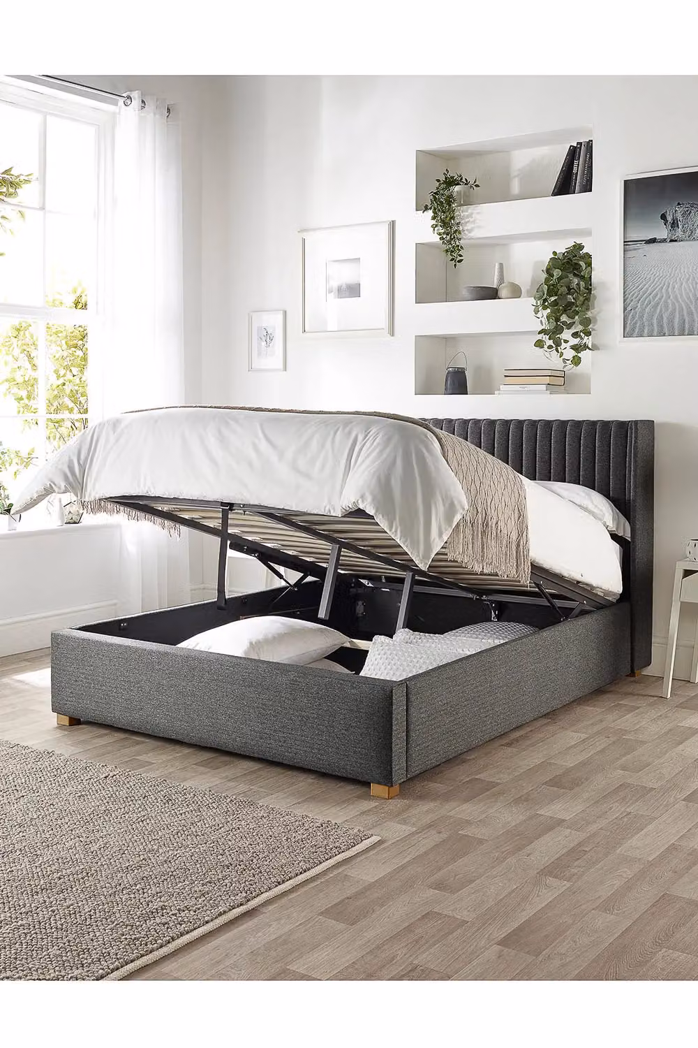 Catherine Lansfield Soho Ottoman Storage Wing Bed in Charcoal Saxon Twill Fabric, Super King, W/D/H: 200 x 200 cm – 2
